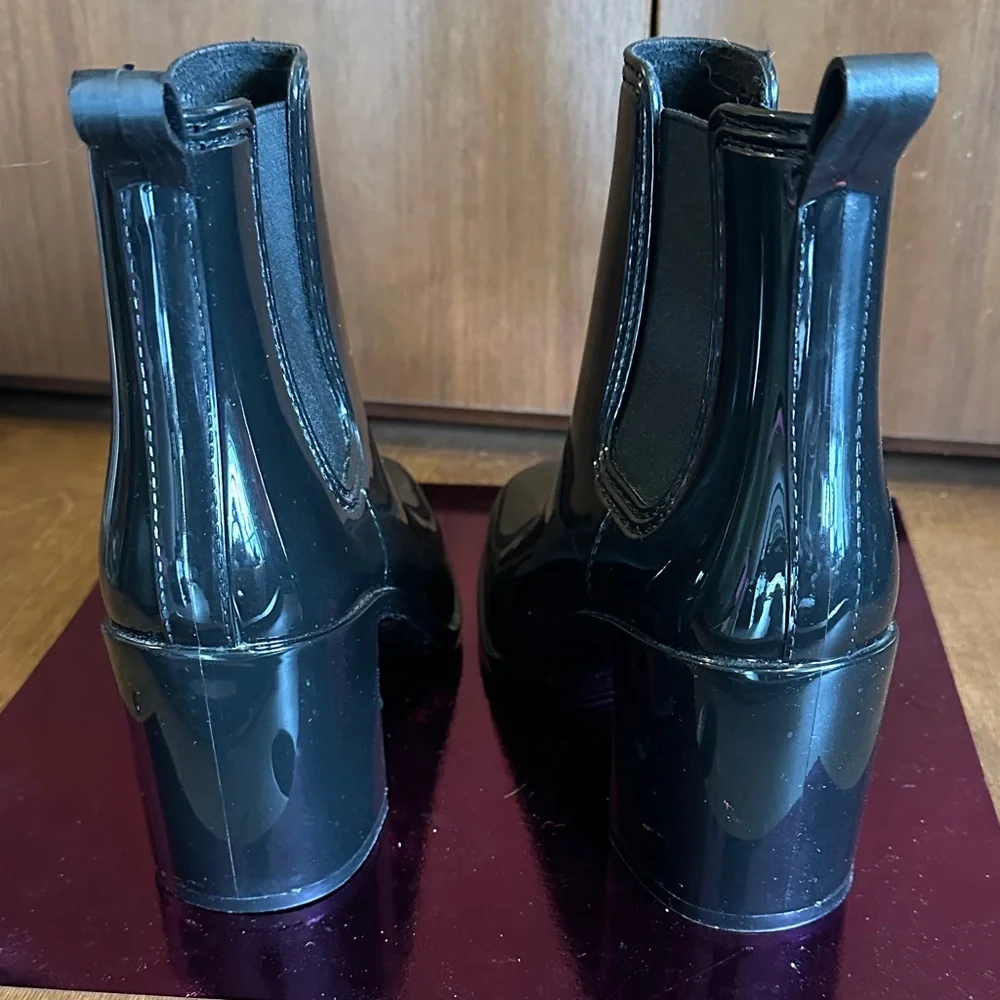 Jeffery Campbell Stormy Black Glossy Chelsea Rain Boots Ankle Block Heel 7